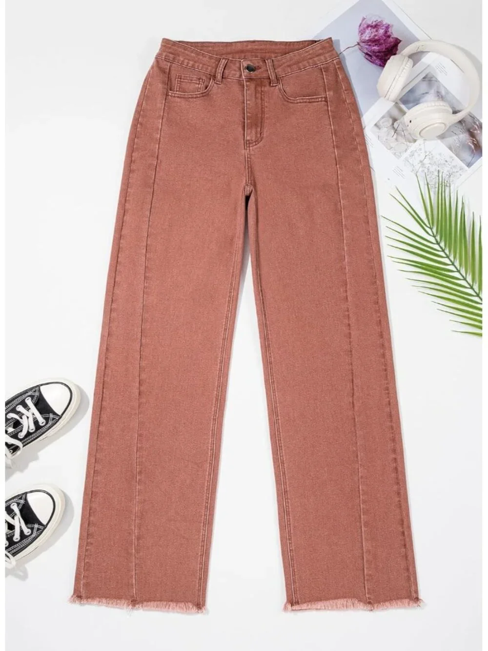 〽️ Women Red High Waist Wide Leg Jeans Stretch Raw Hem Denim Zimbaplatinum